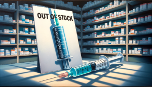 Bild mit einer Spritze vor einem Medikamentenregal und dem Schriftzug ausverkauft