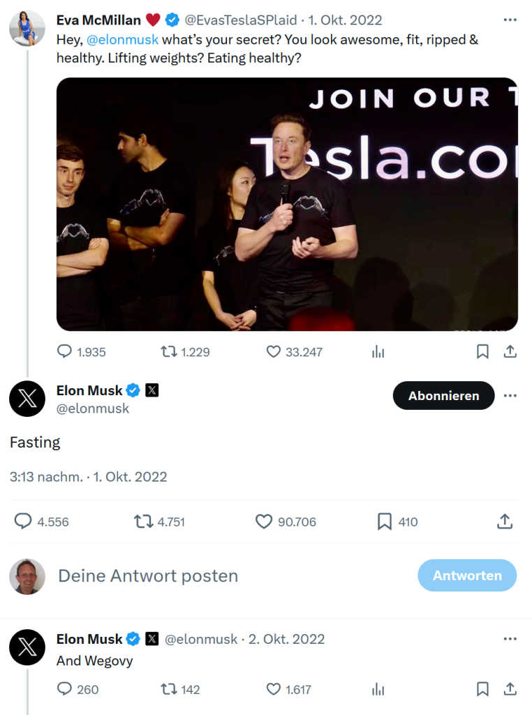Bild des Postings auf X von Elon Musk wo er sich zu Wegovy bekannte